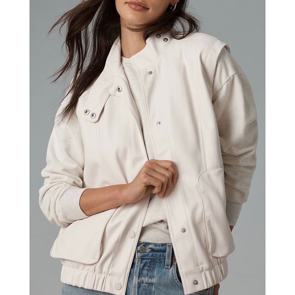 Pilcro‎ Women White Faux Leather Snap Front Elastic Waist Sleeveless Moto Vest M